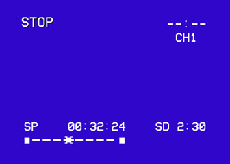 Fototapeta premium A blue screen with the text Stop and many symbols and indicators of the tape status. Recreated from the VHS era. Clean backdrop with copy space. 
