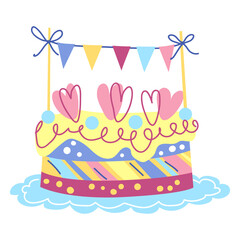 Illustration of Happy Birthday cake. Celebration or holiday item.