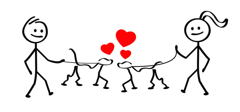 Man and woman walk their dog. Dogs are in love. Stickman walking with the dog. Flat vector cartoon sign. stick figures walks his dog. 