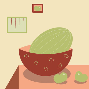 Flat poster with watermelon and apples. Contrasting  colors.