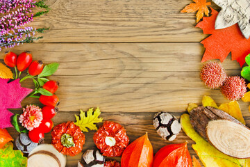Colorful various natural Autumn decorations on wooden background