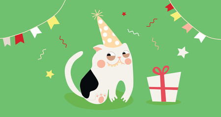 Illustration of white cat birthday