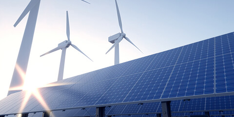 Solar field with wind turbines in the background. 