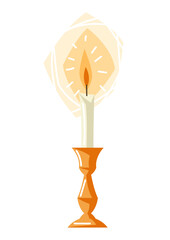 Illustration of burning candle in candlestick. Symbol of Faith and Religion.