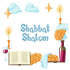 Shabbat Shalom frame with religious objects. Background with Jewish symbols. Judaism concept illustration.