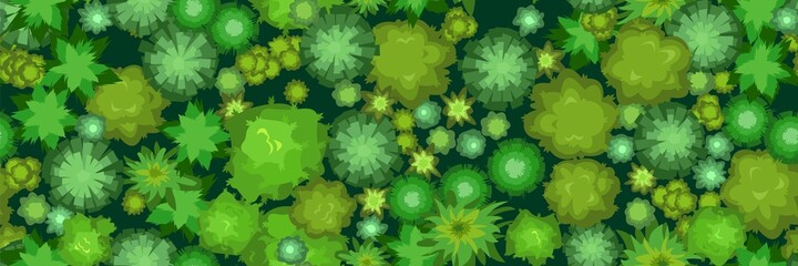 Jungle forest top view from above. Horizontal seamless composition. Overgrown rainforest. Cartoon style flat design. Illustration vector
