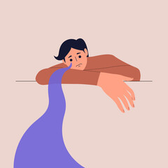 A psychological portrait of a crying man with his head down. River of Tears. An anxiety and depression concept, psychotherapy. Vector illustration in a flat style. Eps 10.