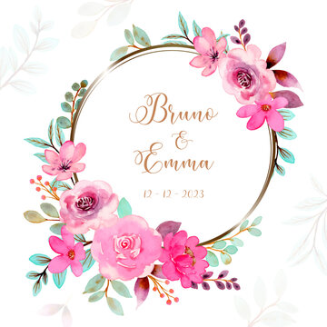 Save the date green pink floral wreath with watercolor