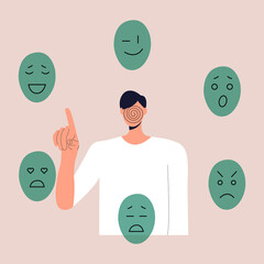 A man without a face chooses a mask to express various emotions. The concept of personality changes in accordance with social requirements and pressures. Vector illustration in a flat style. Eps 10.