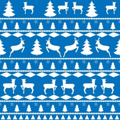 White deer and tree on blue seamless pattern