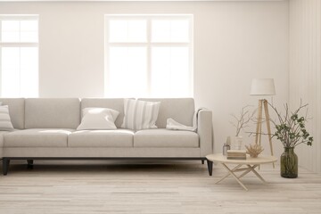 Stylish room in white color with sofa. Scandinavian interior design. 3D illustration