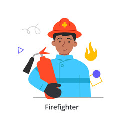 Young male character is enjoing working as a firefighter on white background. Concept of people attending their job. Man holding a fire extinguisher. Flat cartoon vector illustration