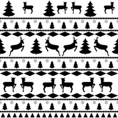 Black deer and christmas tree seamless pattern.