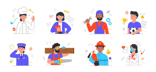 Fototapeta na wymiar Set with male and female characters of different professions on white background. Happy smiling people are enjoing their work. Specialists in uniform. Flat cartoon vector illustration