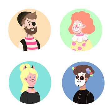 Halloween avatars set isolated on white background. Portraits of pirate, clown, cat woman and man in makeup of Day of the Dead. Halloween concept flat vector illustration.