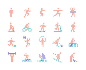 Set of colorful sport icon elements on white background. Concept of people working out and enjoing various sport types template for creative use. Flat cartoon vector illustration