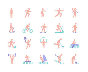 Set of colorful sport icon elements on white background. Concept of people working out and enjoing various sport types template for creative use. Flat cartoon vector illustration