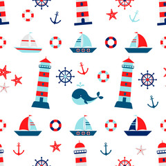 Obraz na płótnie Canvas Seampless pattern with sailboat, steering wheel, anchor, lighthouse, whale, crab, starfish. Cute Marine pattern for fabric, baby clothes, background, wrapping paper and other decoration.