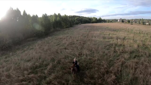 flying on an fpv drone behind a horse, a girl on a horse, in a green field, against the background of a forest, bushes, trees, blue sky, white clouds
