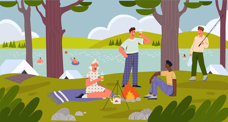 Cheerful male and female characters having fun camping time at the river bank together with friends. Spending happy time with family outdoors along the river. Flat cartoon vector illustration