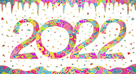 2022 New Year. Card, banner with numbers, stylized decorative snowdrifts and icicles. Vector colorful bright doodling whith gold gradient.