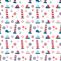 Seampless pattern with sailboat, steering wheel, anchor, lighthouse, whale, crab, starfish. Cute Marine pattern for fabric, baby clothes, background, wrapping paper and other decoration.