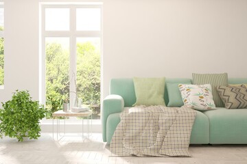 White living room with sofa and summer landscape in window. Scandinavian interior design. 3D illustration