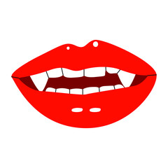 A flat vector illustration of a female vampire mouth with red lips and long fangs.