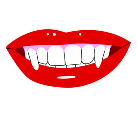 Naklejka premium A flat vector illustration of a female vampire mouth with red lips and long fangs.