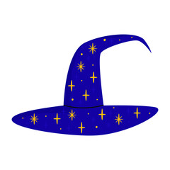 Flat vector cartoon illustration of a magic hat with a star pattern. An accessory for a witch or wizard costume for Halloween, isolated on a white background.