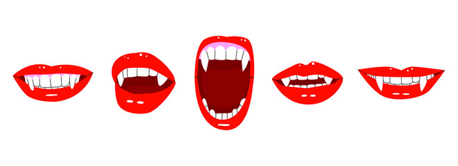 A set of vampire mouths. Red lips with vampire fangs. Flat vector illustration isolated on a white background.