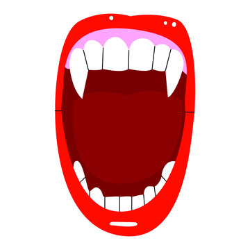 A flat vector illustration of an open female vampire mouth with red lips and long fangs.