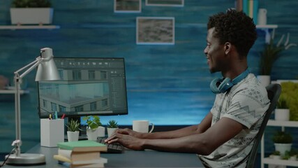 Architect working with building model on computer for construction plan and layout. Engineer designing blueprint project for architectural development. Skyscraper design on monitor