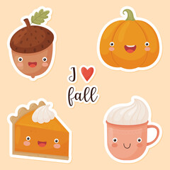Set of autumn stickers. Funny autumn characters. Pumpkin, acorn, pumpkin pie, cup and lettering.