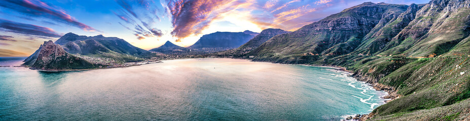 Scenic mountain landscape and sunset view along world famous coastline. Cape Town, South Africa is a wonderful travel destination for nature, adventure and tourism.