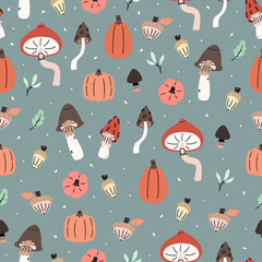 Cute illustrated fall pattern with mushrooms, pumpkinks, acorns, nuts, leaves.