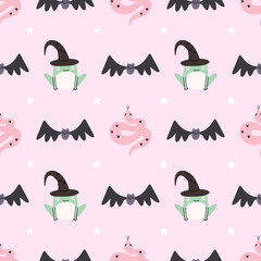 Cute illustrated halloween pattern with a frog, snake and a bat. Seamleass repeated background.