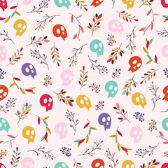 Seamless Halloween pattern with colorful sculls and leaves. 