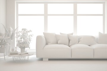 White minimalist living room with sofa. Scandinavian interior design. 3D illustration