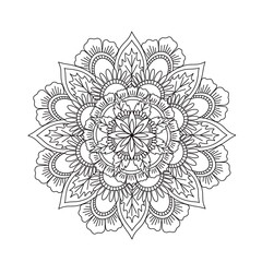 Mandala ornament for coloring book, black and white flower.