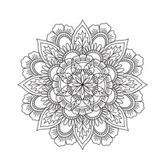 Mandala ornament for coloring book, black and white flower.