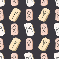 Cute illustrated halloween pattern. Seamleass repeated background with runes. Wallpaper, fabric, scrapbook paper design.