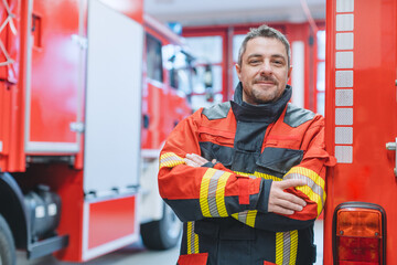 Experienced fire fighter man standing in front of fire truck with arms crossed - Powered by Adobe