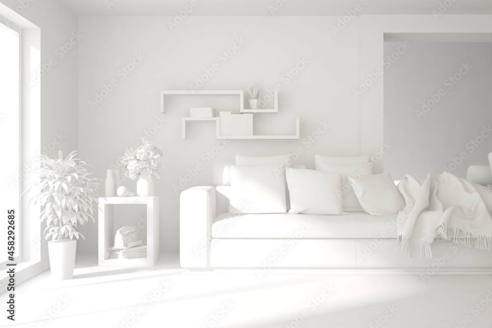 Wall mural white minimalist living room with sofa. scandinavian interior design. 3d illustration