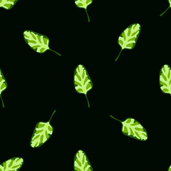 Seamless pattern Spinach salad on black background. Minimalistic ornament with lettuce.