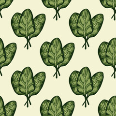 Seamless pattern bunch spinach salad on beige background. Simple ornament with lettuce.