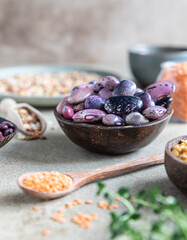 Assortment of beans and lentils on concrete background. The concept of healthy and nutritious food. Vegan high protein product.