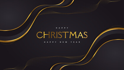 Elegant Christmas Card in Black and Gold. Merry Christmas and Happy New Year Greeting or Invitation Card