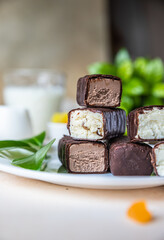 Cottage cheese rods or bars in chocolate glaze. Delicious breakfast. Traditional Hungarian dessert...