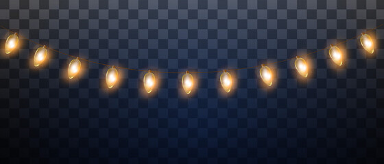 Vector Christmas lights or New Year garland isolated on transparent background. Winter holidays decoration